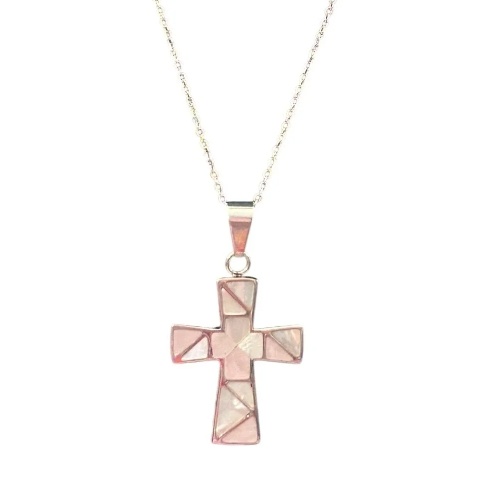Mother of Pearl Cross Necklace – Stainless Steel Religious‎ Pendant